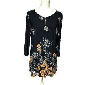 Chaus New York Tunic Top Womens Med Navy Blue Floral Party Office Casual Artsy